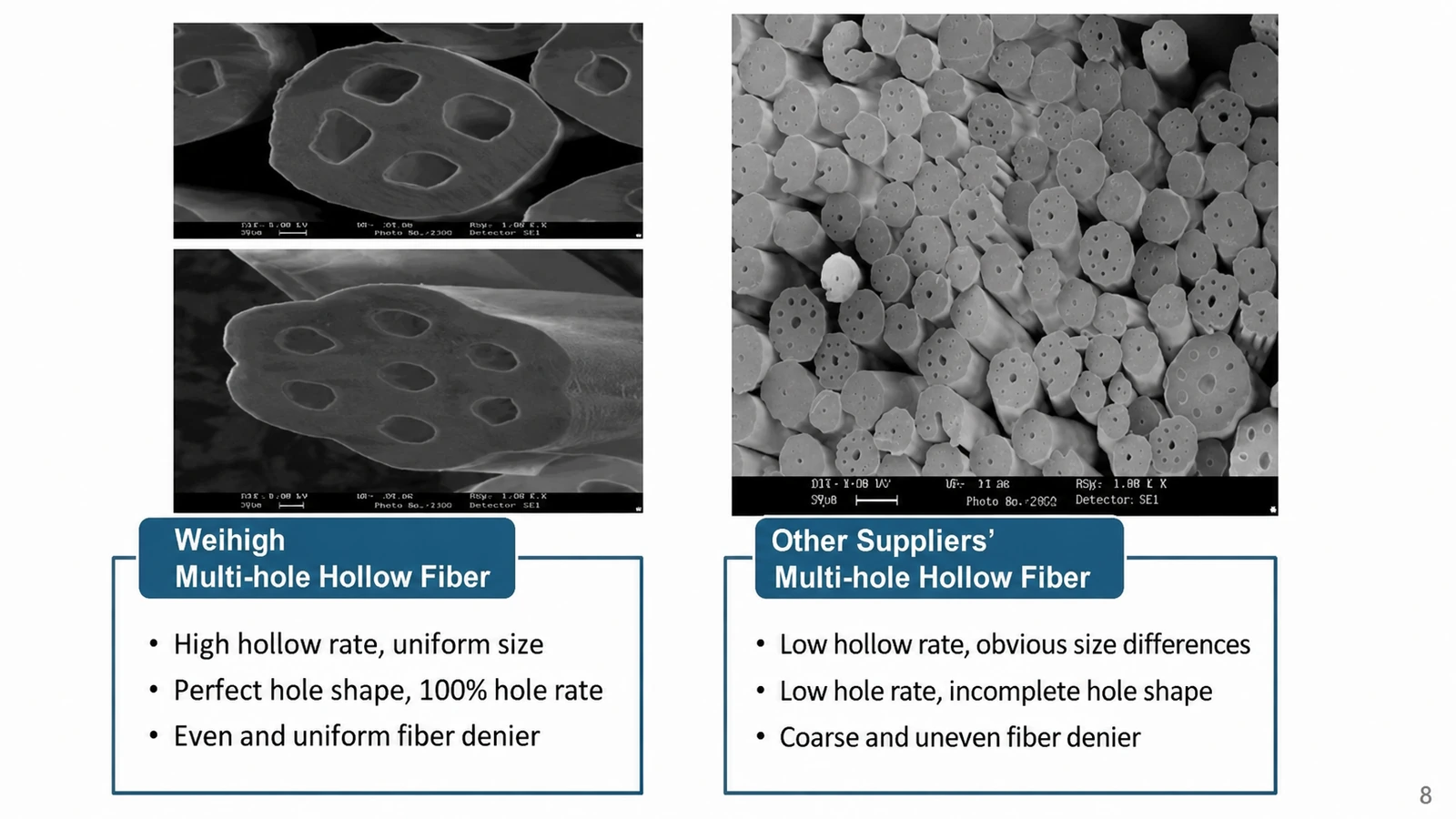 This comparison image shows a cross section of hollow polyester staple fiber with multiple internal cavities and a generally uniform appearance in the left microscopic views. It contrasts the labeled Weighigh multi-hollow fiber with another supplier’s sample for B2B evaluation of fiber cross-sectional structure.